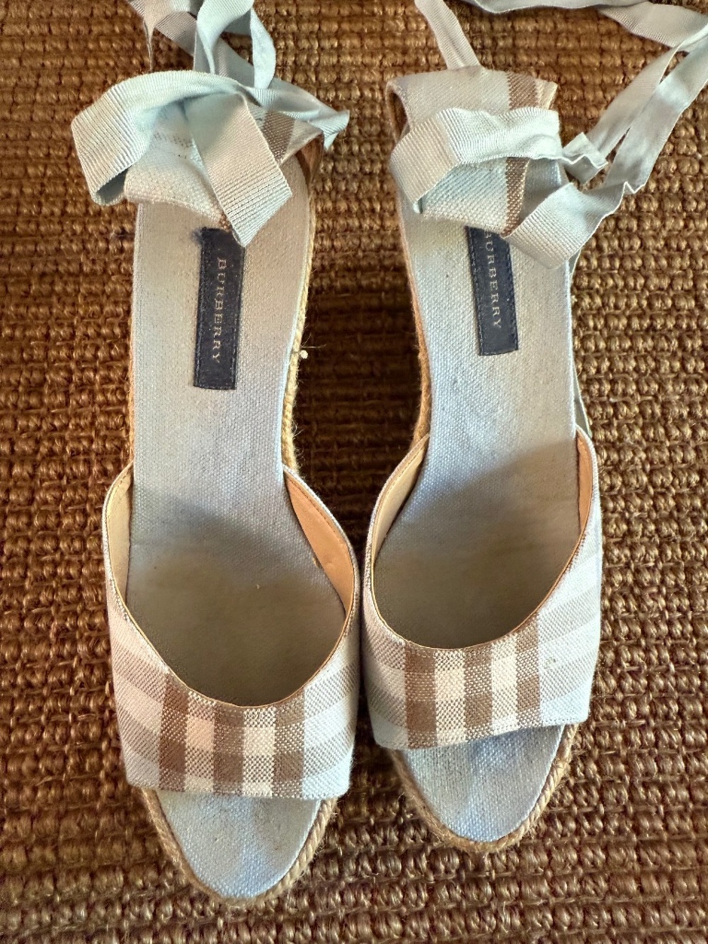 Burberry Check Canvas Wedge Espadrilles in Pale Blue